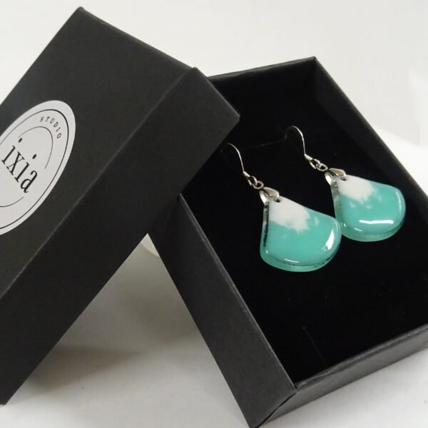 "Lily" Fused Glass Earrings - Teal & White